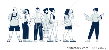 Tour guide. Tourism concept, happy tourists sightseeing city. Isolated touristic group, travel or visit trip. Vacation journey recent vector scene Tour guide. Tourism concept, happy tourists sightseeing city. Isolated touristic group, travel or visit trip. Vacation journey recent vector scene 83753627