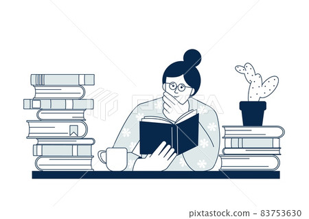 Student study at home. Female diary, girl watching lecture. Woman reading book, distance self learning. Home work, library recent vector character 83753630