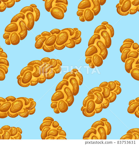 Loaf Challah Holiday jewish braided seamless pattern. Saturday bread on blue isolated background. Vector cartoon illustration of food. Loaf Challah Holiday jewish braided seamless pattern. Saturday bread on blue isolated background. Vector cartoon illustration of food. 83753631