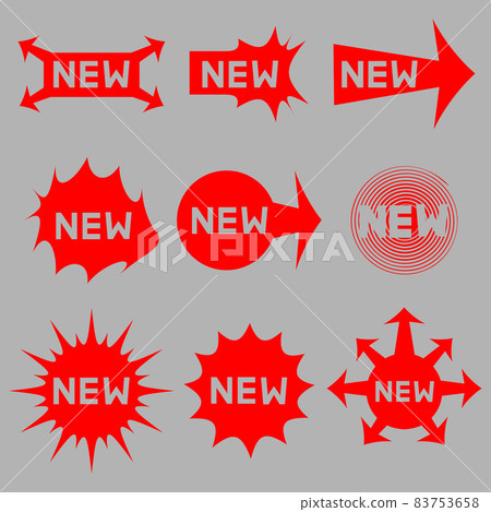 Sticker icons with text New . Set of the new tags, banners. Red labels with direction arrows. Product stickers with offer. Abstract badges in red color isolated on grey background 83753658