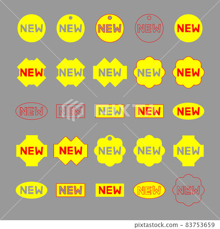 A new sticker sets, labels. Product stickers with offer. Sticker icons with text New . Set of the banners with lettering New . Yellow tags isolated on grey background. Vector 83753659