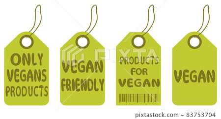 Vegan tags. Set of vegans badges. Eco, organic food labels. Collection of vegetarian labels Vegan tags. Set of vegans badges. Eco, organic food labels. Collection of vegetarian labels 83753704