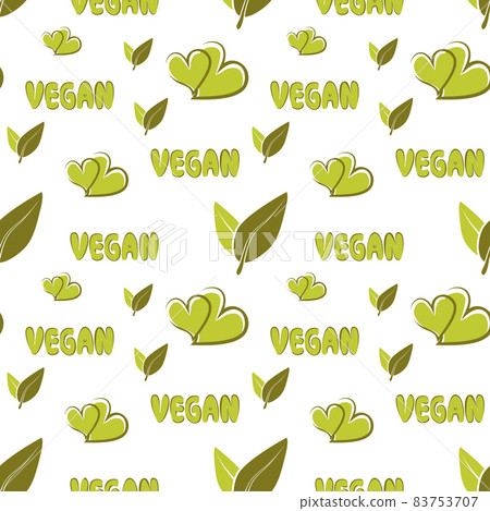 Vegan pattern. Pattern veggies. Seamless vector pattern in flat style with lettering vegan and green hand drawn hearts. For kitchen, for printing on textiles. Mix design for fabric and decor. Vegan pattern. Pattern veggies. Seamless vector pattern in flat style with lettering vegan and green hand drawn hearts. For kitchen, for printing on textiles. Mix design for fabric and decor. 83753707