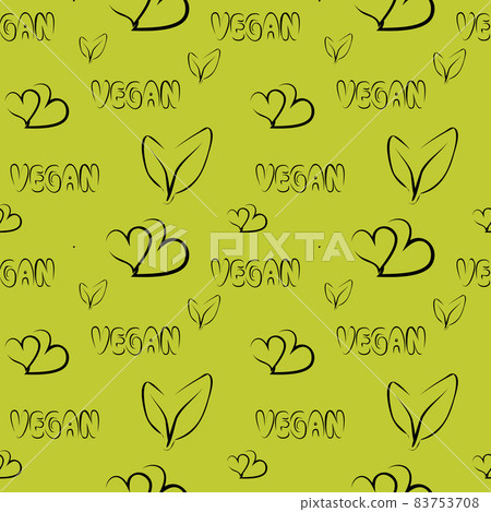 Vegan pattern. Seamless vector pattern in flat style on the green phone with lettering vegan and green hand drawn hearts. For kitchen, for printing on textiles. Mix design for fabric and decor Vegan pattern. Seamless vector pattern in flat style on the green phone with lettering vegan and green hand drawn hearts. For kitchen, for printing on textiles. Mix design for fabric and decor 83753708