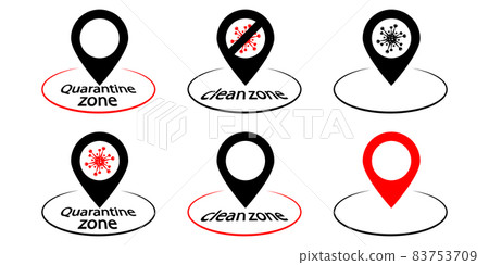 Map pins with round zone for virus area or area without coronavirus. Map pin with cell of coronavirus. Symbol of virus clean zone and quarantine area. Vector illustration Map pins with round zone for virus area or area without coronavirus. Map pin with cell of coronavirus. Symbol of virus clean zone and quarantine area. Vector illustration 83753709