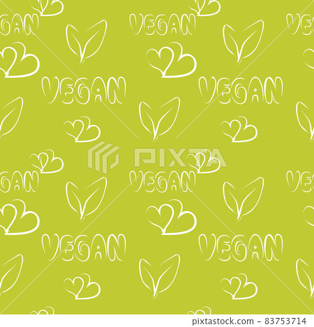 Vegan pattern or background. Seamless vector pattern in flat style with lettering vegan and with hearts in white color. For kitchen, for printing on textiles. Mix design for fabric and decor. Vegan pattern or background. Seamless vector pattern in flat style with lettering vegan and with hearts in white color. For kitchen, for printing on textiles. Mix design for fabric and decor. 83753714