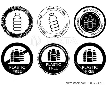 A set of signs with text Plastic free . Icon or stamp with text Plastic free for a different package. Biodegradable symbol. Round symbol with plastic bottle inside. Vector A set of signs with text Plastic free . Icon or stamp with text Plastic free for a different package. Biodegradable symbol. Round symbol with plastic bottle inside. Vector 83753716