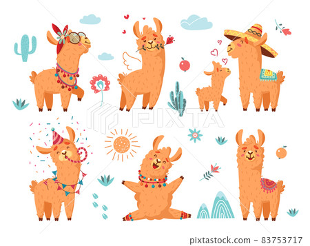 Cute llama. Alpaca characters, wool cartoon animals with flowers. Baby lama with mother, funny birthday fluffy wild alpacas, classy vector collection Cute llama. Alpaca characters, wool cartoon animals with flowers. Baby lama with mother, funny birthday fluffy wild alpacas, classy vector collection 83753717