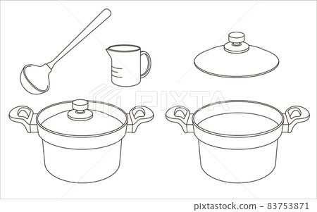 一個雙手鍋、一個鋼包和一個量杯的簡單線條藝術插圖 83753871