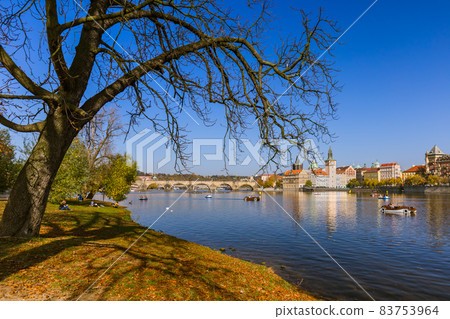 Prague, Czech Republic - October 17, 2017: People boating on the Vltava in center of Prague 83753964
