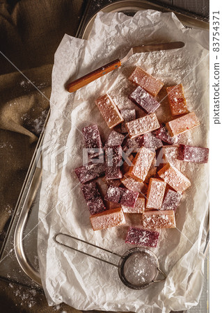 Homemade fruit marmalade in sugar. Top view 83754371