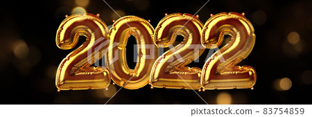 3D Render of gold inflatable foil balloons with bokeh lights. Banner. Bright party 2022 decoration figures. New year celebration postcard. Graphic elements for Xmas design. Happy holidays background 83754859