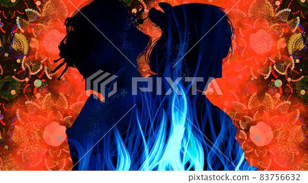 愛的火焰和江戶時代的悲情戀人的皮影剪影 愛的火焰和江戶時代的悲情戀人的皮影剪影 83756632