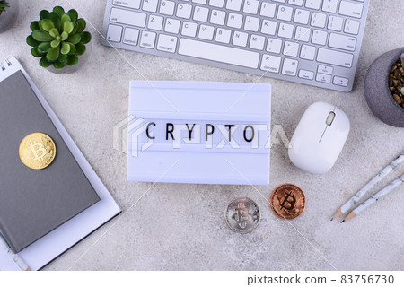 Bitcoin coins on office desk. Cryptocurrency concept 83756730