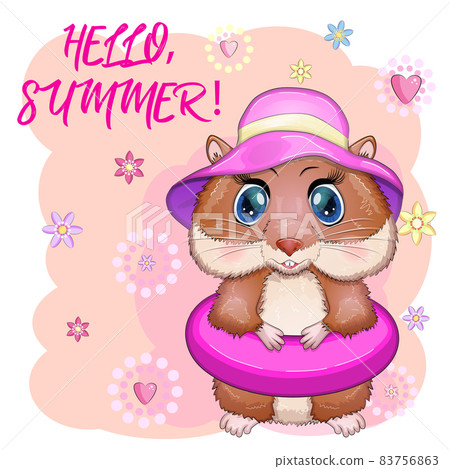 Cute hamster in swimming circle and hat, summer concept, hamster cartoon characters, funny animal character Cute hamster in swimming circle and hat, summer concept, hamster cartoon characters, funny animal character 83756863