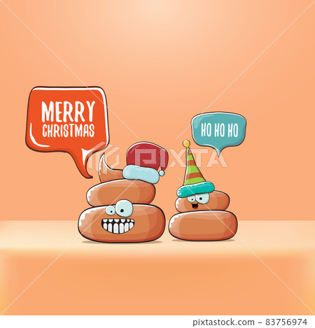 Funky christmas hand drawn greeting card. vector funny cartoon cool tiny brown poo character with santa red and his poo elf friend Funky christmas hand drawn greeting card. vector funny cartoon cool tiny brown poo character with santa red and his poo elf friend 83756974