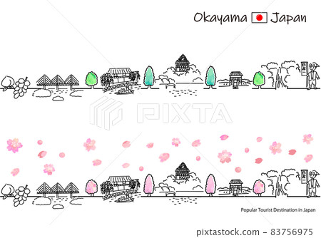 Simple line art set of cityscapes of sightseeing spots in Okayama prefecture in spring 83756975