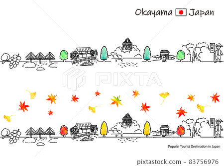 Simple line art set of cityscape of sightseeing spots in Okayama prefecture in autumn 83756976