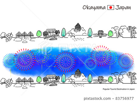 Simple line art set of fireworks and cityscape of sightseeing spots in Okayama prefecture 83756977