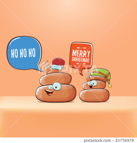 Funky christmas hand drawn greeting card. vector funny cartoon cool tiny brown poo character with santa red and his poo elf friend 83756979