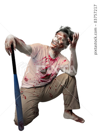 Scary zombie with blood and wound on his body holding baseball bat standing Scary zombie with blood and wound on his body holding baseball bat standing 83757217