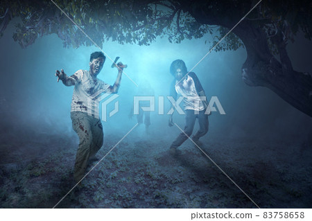 Scary zombies with blood and wound on his body walking Scary zombies with blood and wound on his body walking 83758658