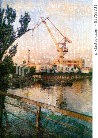Sunset Sunbeams, Shipyard. A gantry crane in front of the production halls and the sky. Sunset Sunbeams, Shipyard. A gantry crane in front of the production halls and the sky. 83759731