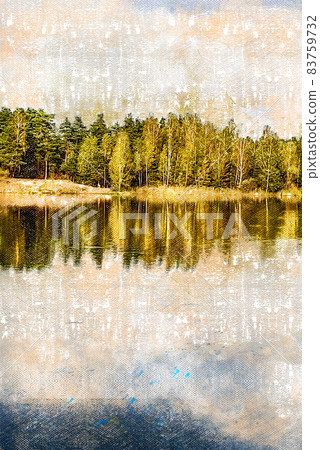 Autumn forest on the bank of a river or lake. Yellow-green trees on the shore. Autumn forest on the bank of a river or lake. Yellow-green trees on the shore. 83759732