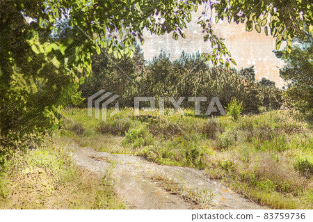 A winding country road opposite a green forest. A winding country road opposite a green forest. 83759736