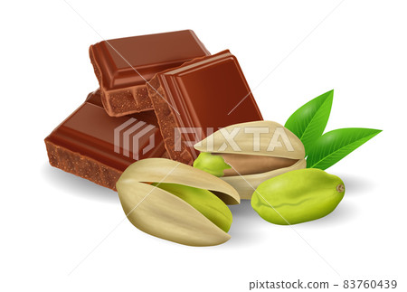 Broken chocolate bars with Pistachio nuts on white background, realistic vector illustration Broken chocolate bars with Pistachio nuts on white background, realistic vector illustration 83760439