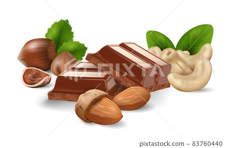 Broken chocolate bars with mix of nuts on white background, realistic vector illustration Broken chocolate bars with mix of nuts on white background, realistic vector illustration 83760440