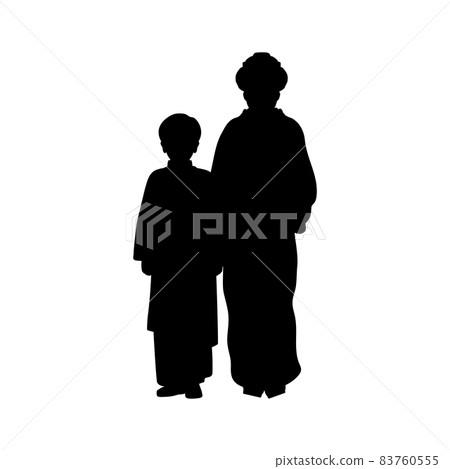 Silhouette of mom with son in national asian costume. Silhouette of mom with son in national asian costume. 83760555