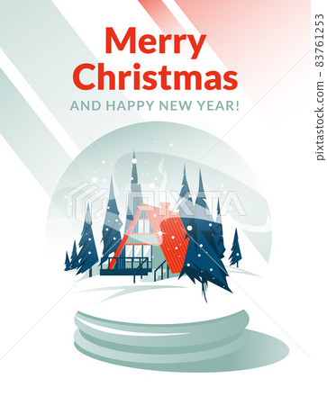 christmas and happy new year greeting horizontal card. Flat cartoon vector illustration. Winter snowball with house in the forest inside. christmas and happy new year greeting horizontal card. Flat cartoon vector illustration. Winter snowball with house in the forest inside. 83761253