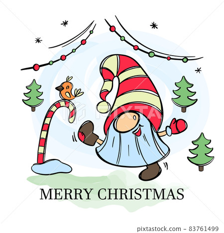 SANTA IS COMING 2022 Cheerful Bearded Gnome In Felt Boots And Bird On Lollipop New Year Merry Christmas Cartoon Hand Drawn Vector Illustration Set For Print SANTA IS COMING 2022 Cheerful Bearded Gnome In Felt Boots And Bird On Lollipop New Year Merry Christmas Cartoon Hand Drawn Vector Illustration Set For Print 83761499