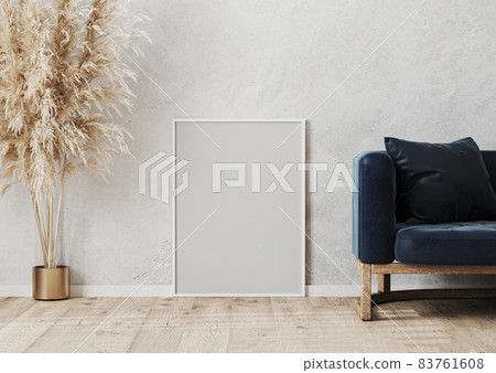 Empty white poster frame mockup on the wooden parquet near gray concrete wall in modern interior design scene with blue sofa, vase, 3d rendering 83761608