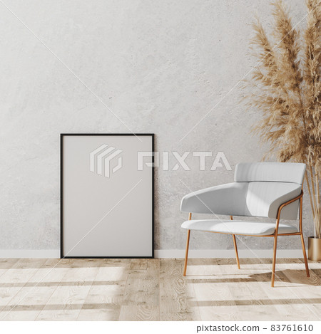 Blank black poster and picture frame on the wooden parquet floor near luxury white and gold chair and pampas grass in vase, white decorative plaster wall, 3d rendering 83761610