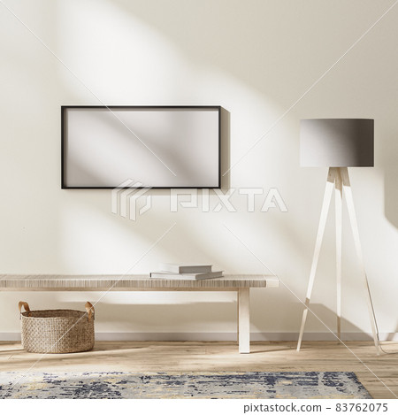 horizontal frame mock up in modern living interior, bright room with sunbeams, wall mock up, 3d rendering 83762075