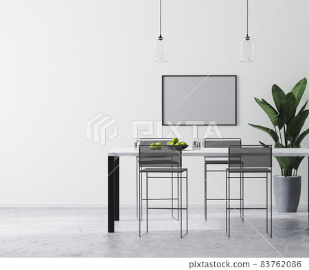horizontal frame mock up in modern bright white room interior with contemporary bar table and bar stools, , scandinavian minimalistic style, 3d rendering horizontal frame mock up in modern bright white room interior with contemporary bar table and bar stools, , scandinavian minimalistic style, 3d rendering 83762086