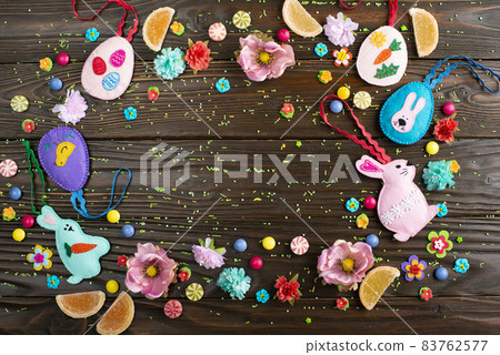 Hand made felt toys in shape of Easter egg, chicken and rabbit Hand made felt toys in shape of Easter egg, chicken and rabbit 83762577