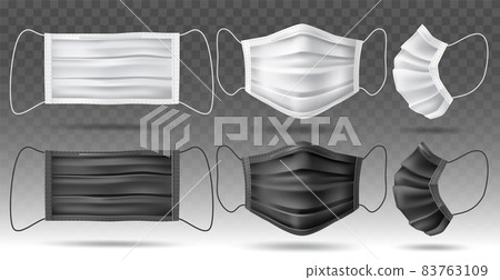 Realistic virus masks. Medical disposable respiratory protection, surgical filter, 3d face barrier product, stop germs remedy, black and white different angles view 3d object, vector set Realistic virus masks. Medical disposable respiratory protection, surgical filter, 3d face barrier product, stop germs remedy, black and white different angles view 3d object, vector set 83763109