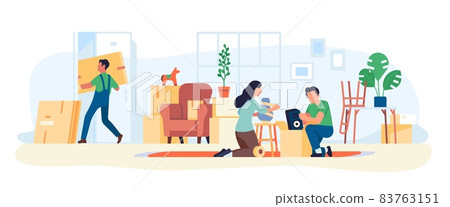Packing home things. Married couple puts furniture in boxes. House moving. Family relocation preparation. People sort household. Property transportation and delivery. Vector concept 83763151