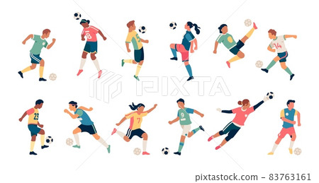 Soccer players. Guys and girls athletes in dynamic poses, football team players with balls, batting and training people, goalkeeper sports uniform, vector flat cartoon isolated set 83763161