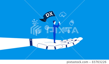 Businessman with robot hand and flag, DX concept image illustration, vector Businessman with robot hand and flag, DX concept image illustration, vector 83763226