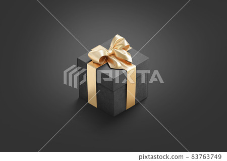 Blank black gift box with gold ribbon mockup, dark background 83763749