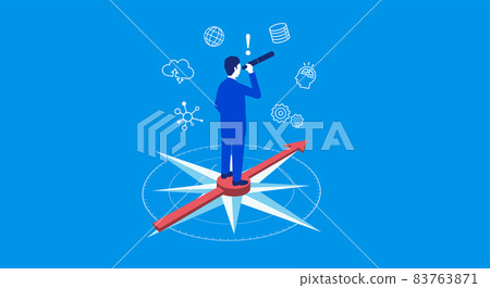 Businessmen looking through a telescope, compass and arrow background, vector illustration, blue background Businessmen looking through a telescope, compass and arrow background, vector illustration, blue background 83763871