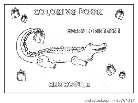 Kids Coloring book Merry Christmas! with Crocodile and presents. Black and white, made in vector. 83764317