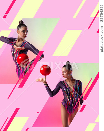 Creative artwork of professional rhythmic gymnast training isolated over multicolored pink background Creative artwork of professional rhythmic gymnast training isolated over multicolored pink background 83764832