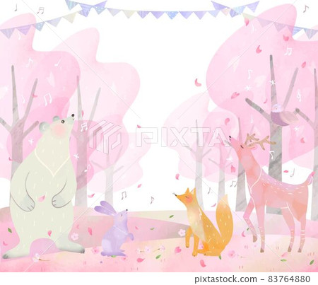 Spring Scandinavian cute frame illustration vector material with musical notes singing cherry trees in full bloom and animals in the forest 83764880