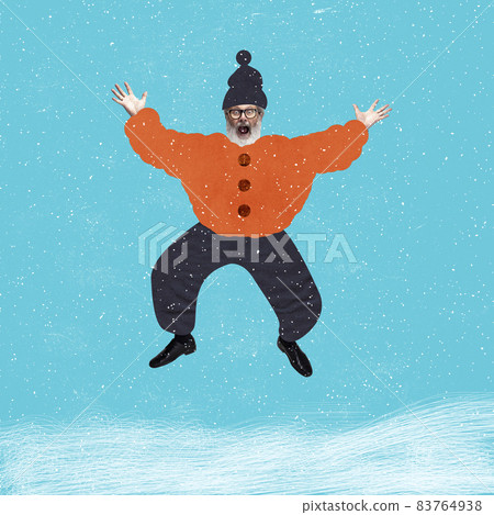 Modern design, contemporary art collage. Inspiration, idea, trendy urban magazine style. Excited old man wearing warm winter clothes 83764938