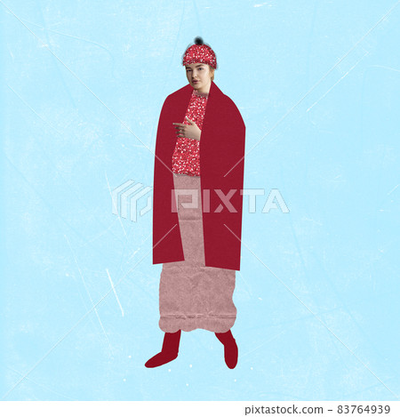 Modern design, contemporary art collage. Inspiration, idea, trendy urban magazine style. Girl wearing warm winter clothes Modern design, contemporary art collage. Inspiration, idea, trendy urban magazine style. Girl wearing warm winter clothes 83764939